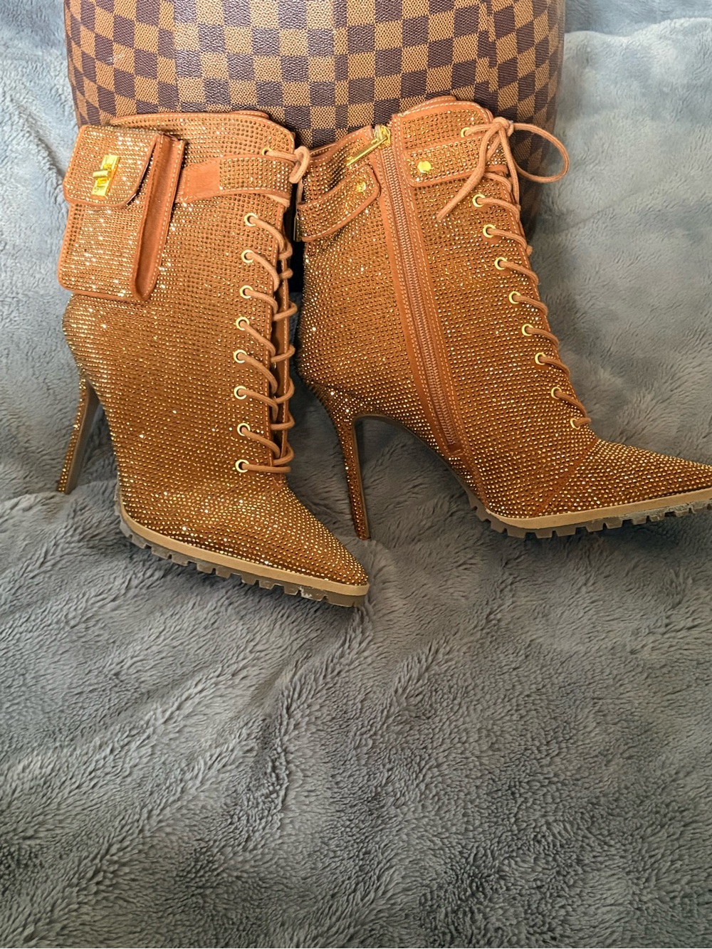 Jennifer Lopez Brown Crystal Lace-Up Stiletto Boots - Picture 8 of 8